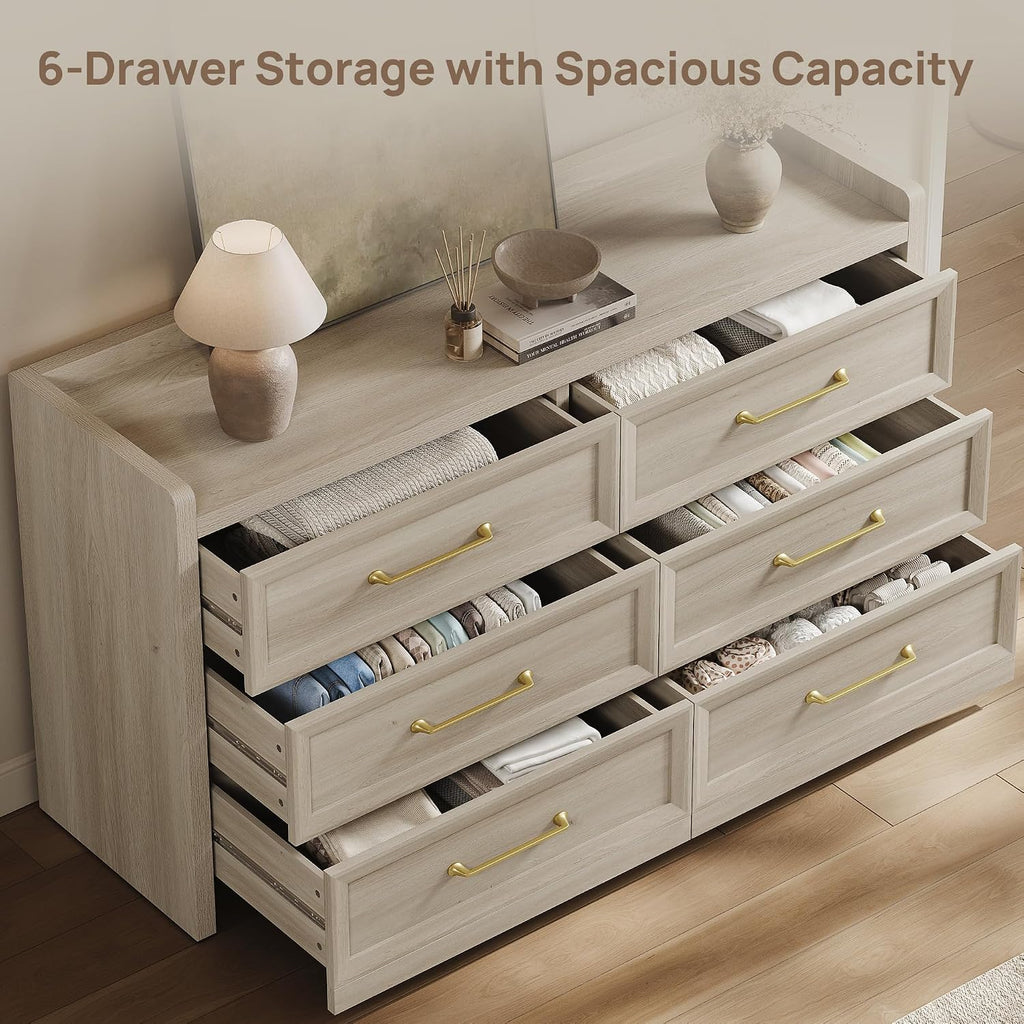 SICOTAS 6 Drawer Dresser for Bedroom-56.4' Extra-Wide Wooden Chest of Drawers with Large Storage, Long Dresser TV Stand with Drawers, Farmhouse Closet Dressers for Nursery Living Room, Grey White Oak
