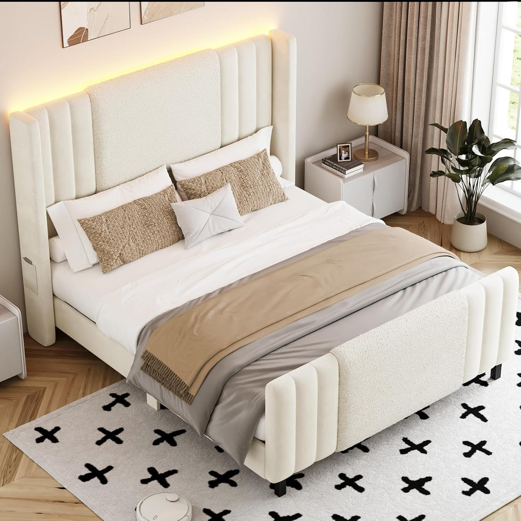 Lihimte King Size Bed Frame with Tall Headboard and Footboard, Boucle and Velvet Upholstered Bed Frame King with LED Lights, Modern Platform Bed Frames, Noiseless, Easy Assembly, White