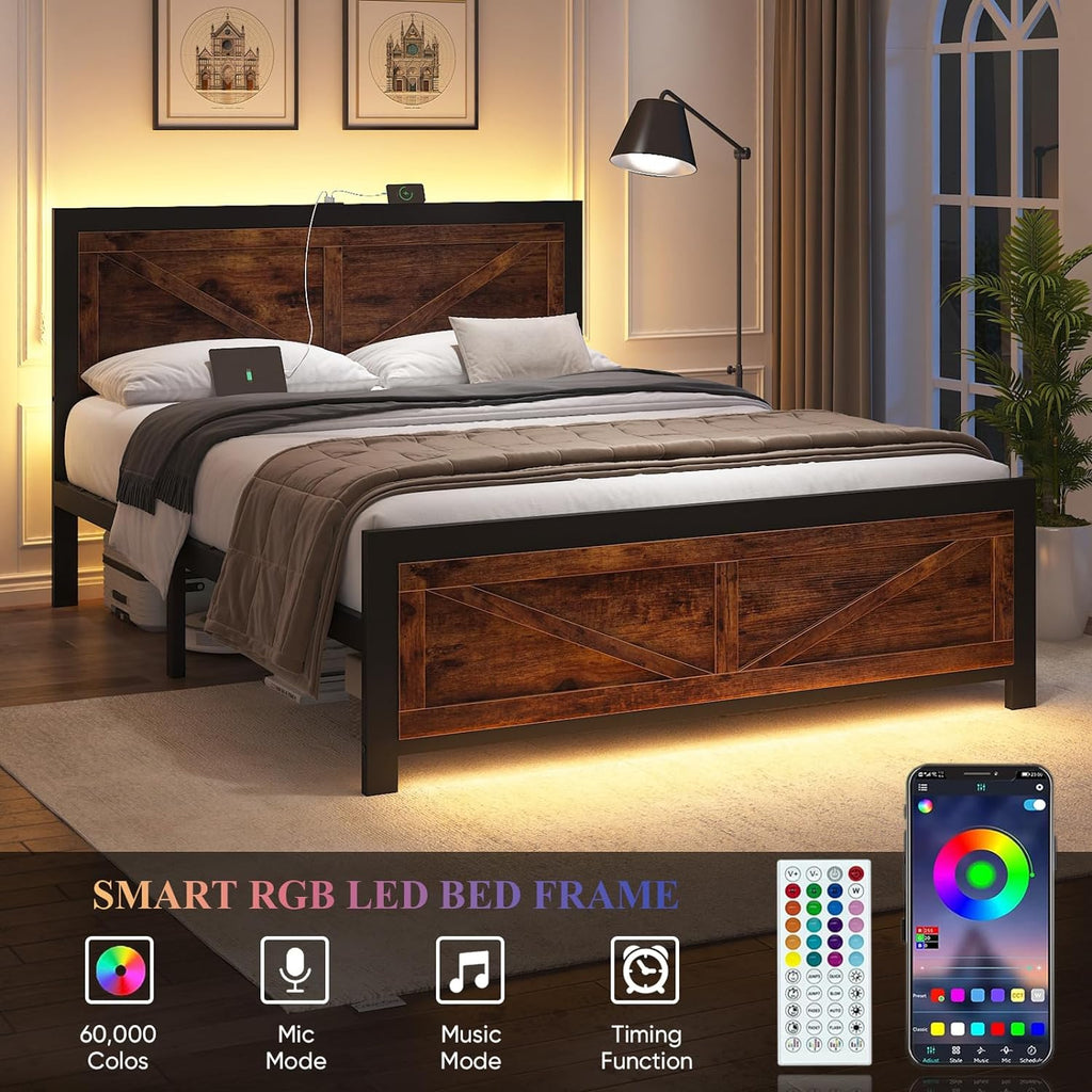 DOGIBIXO Led Bed Frame Queen Size with USB Charging Station, Industrial Platform Bed Frame with Farmhouse Barn Door Headboard, Strong Metal Slats Support, Noise Free, No Box Spring Needed, Brown