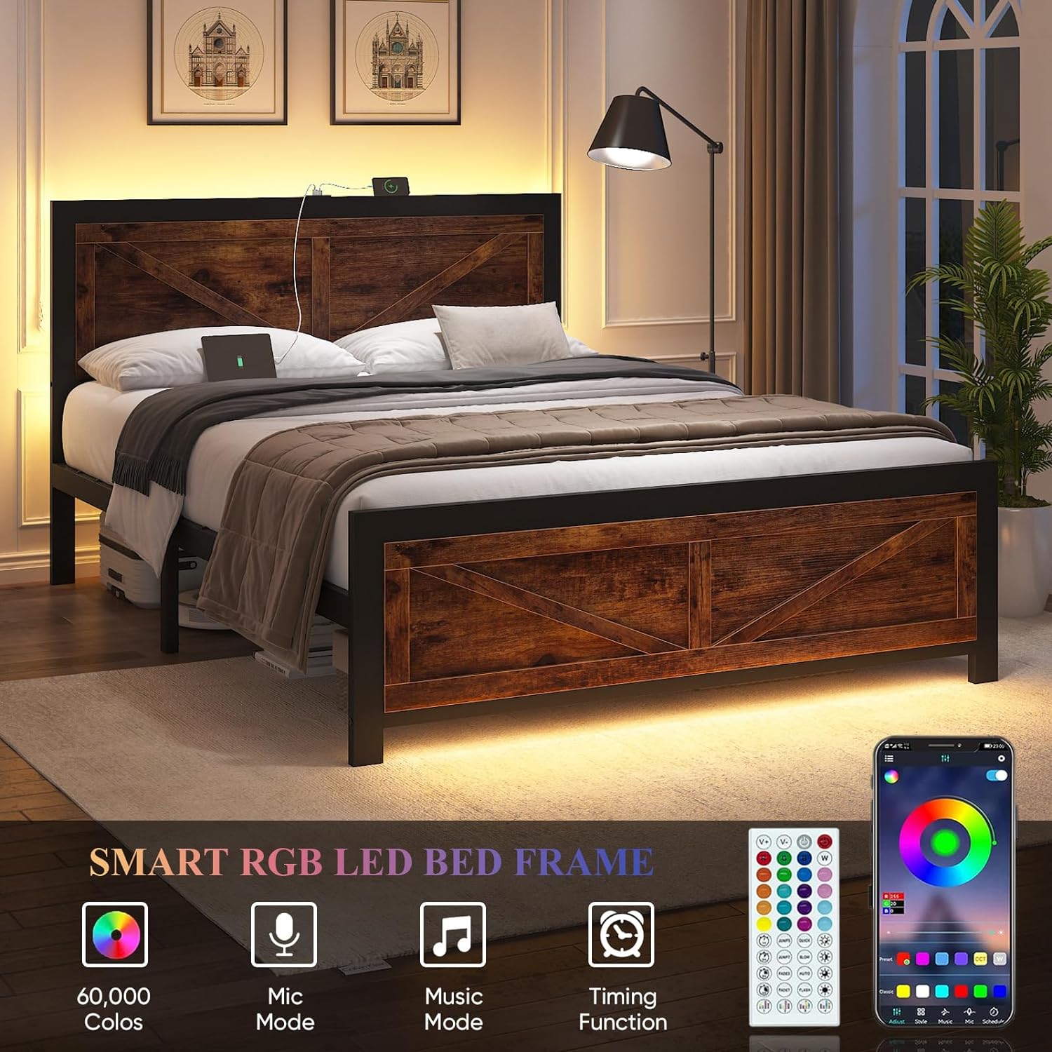 DOGIBIXO Led Bed Frame Queen Size with USB Charging Station, Industrial Platform Bed Frame with Farmhouse Barn Door Headboard, Strong Metal Slats Support, Noise Free, No Box Spring Needed, Brown