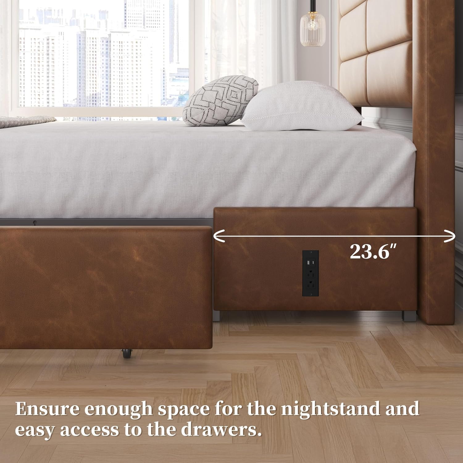 Yaheetech Queen Bed Frame with 2 USB Charging Stations/Port for Type A&Type C/3 Storage Drawers,Leather Upholstered Platform Bed with Headboard/Solid Wood Slat Support/No Box Spring Needed/Amber Brown