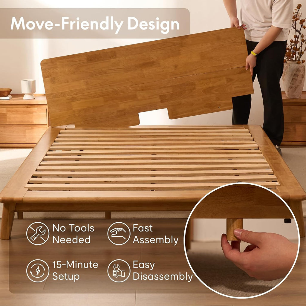 FLEXISPOT Hako G1 Solid Wood Platform Bed Frame Queen,Rubberwood,Tool-Free Assembly,Low Profile Floating,Storage Shelf&Charging Station,Modern Scandinavian Japanese Minimalist,Heavy Duty,Natural Oak