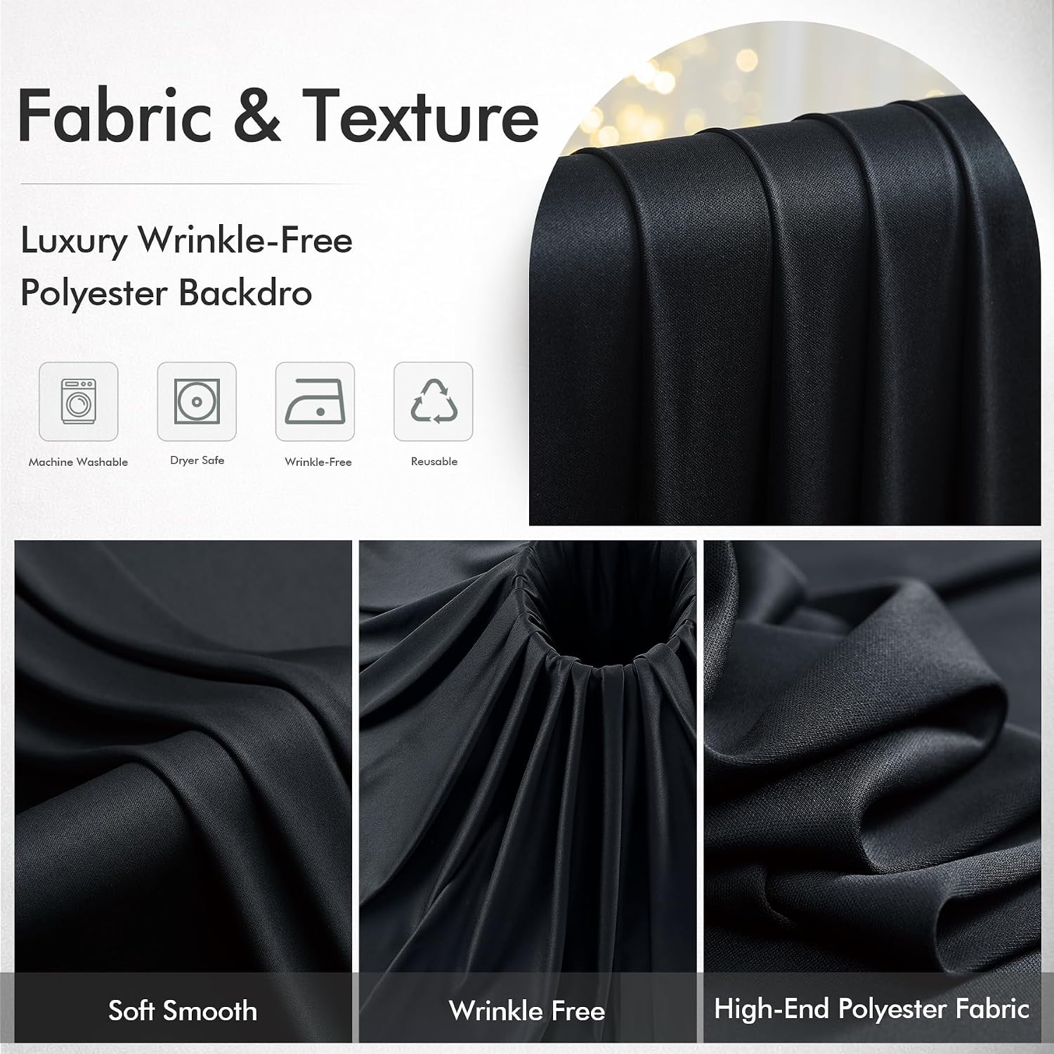 50ftx15ft Wrinkle Free Black Backdrop Curtain, 10 Panels 15FT Height Black Drapes for Wedding, Silky Polyester Polyester Back Drop Cloth Draping for Birthday Party Photography Background Party