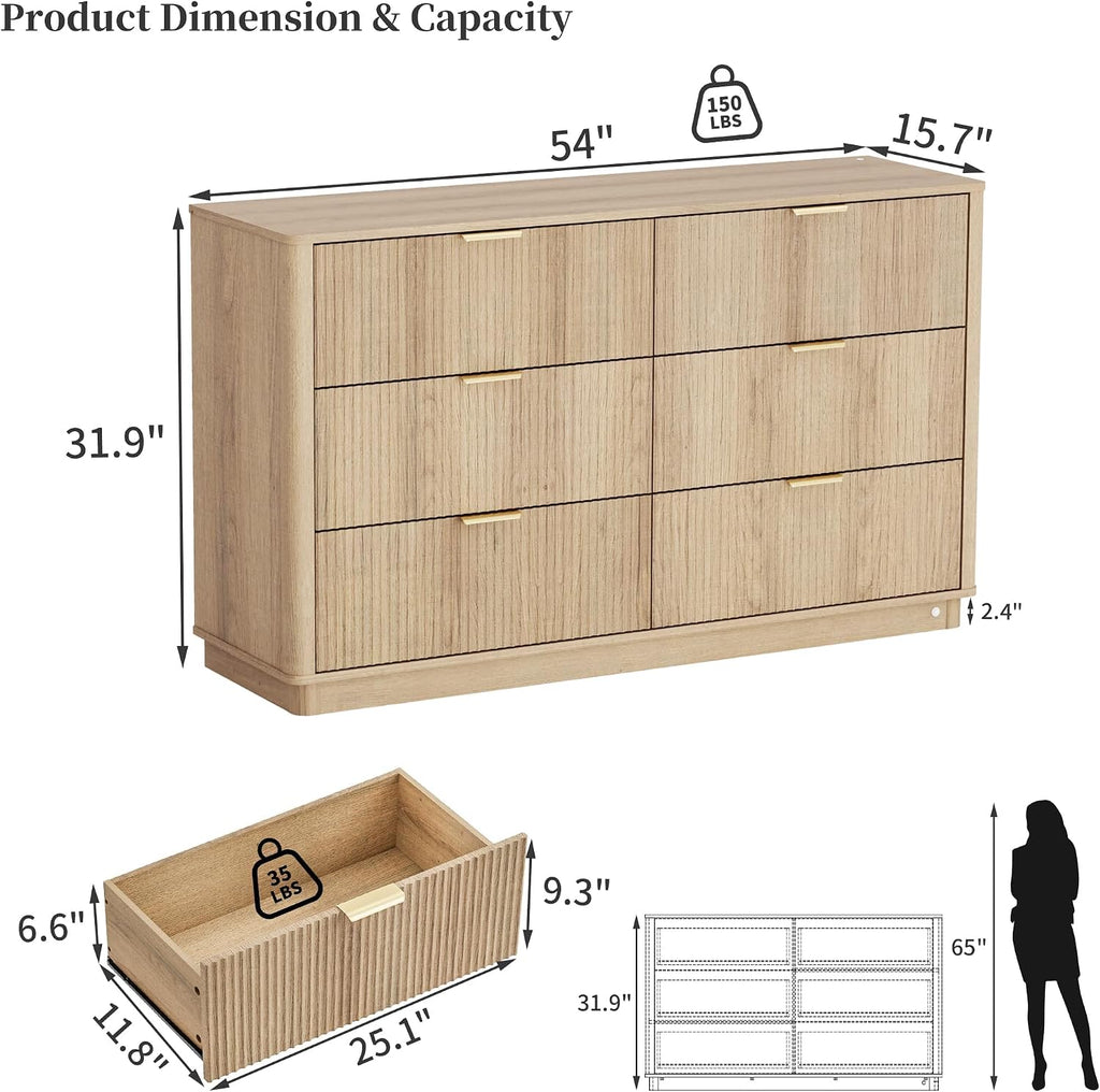 Dresser and Nightstand Sets 3 Piece, Bedroom Set with Charging Station, Large 6 Drawer Dresser for Bedroom and Night Stand Set of 2, Mid Century Modern Bedroom Furniture Set with Motion Sensor Lights