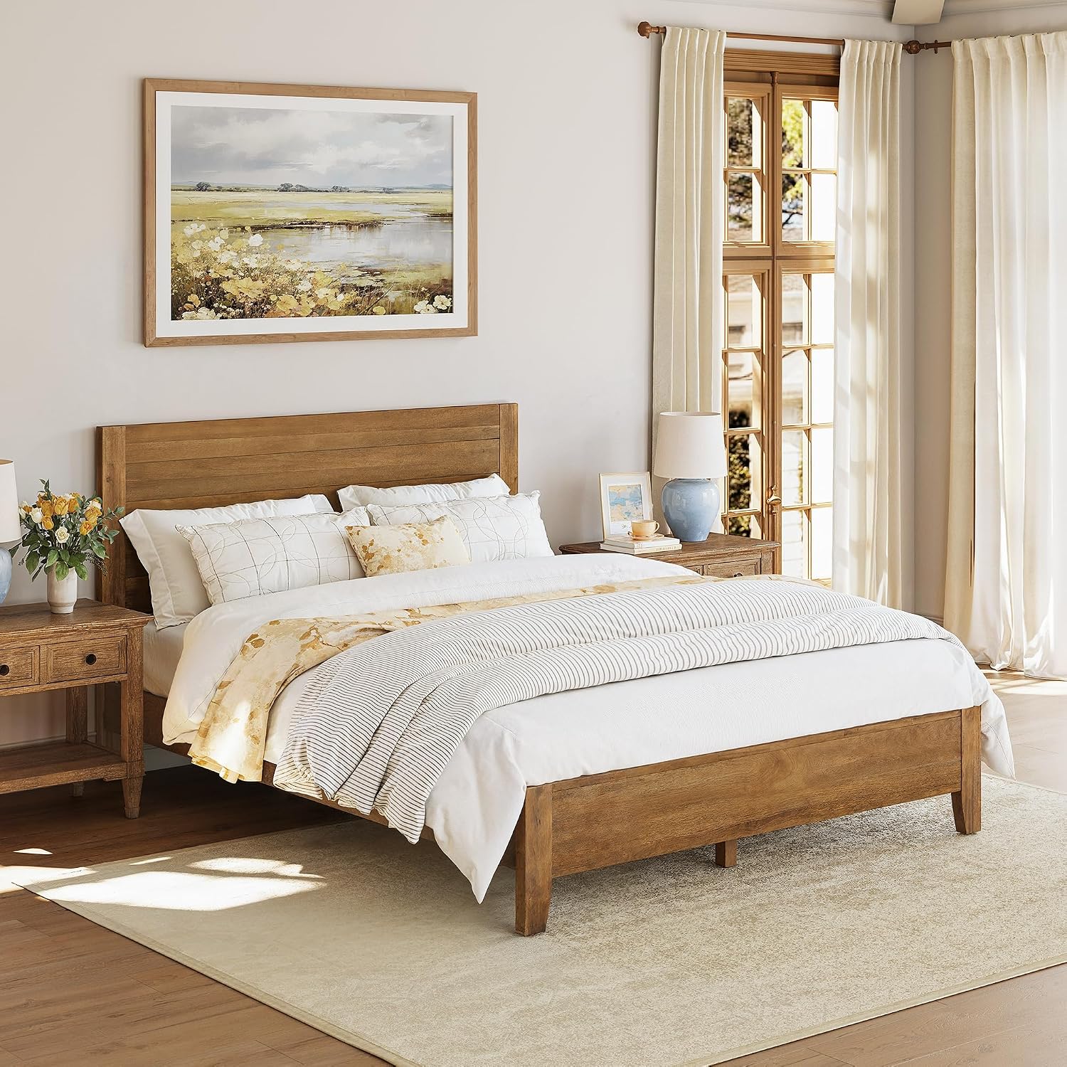 Cozyman Queen Bed Frame with Headboard, 100% Solid Acacia Wood Platform, 800lb Heavy Duty Support with 10 Reinforced Legs, Noise-Free No Box Spring Needed, Low-Profile Design, Dark Wood