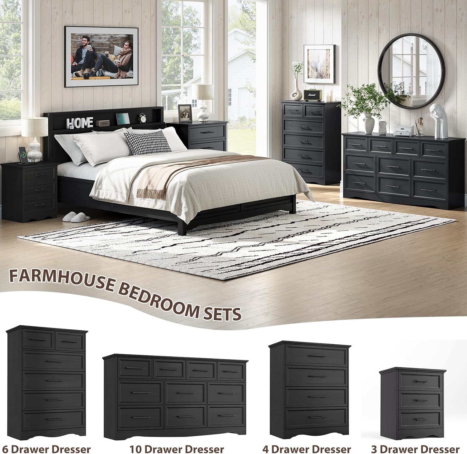 Bedroom Set, 3 Pieces Bedroom Furniture Set, 6 Drawer Dresser and 3 Drawers Nightstand with Charging Station, Farmhouse Storage Organizer Cabinet for Bedroom, Black