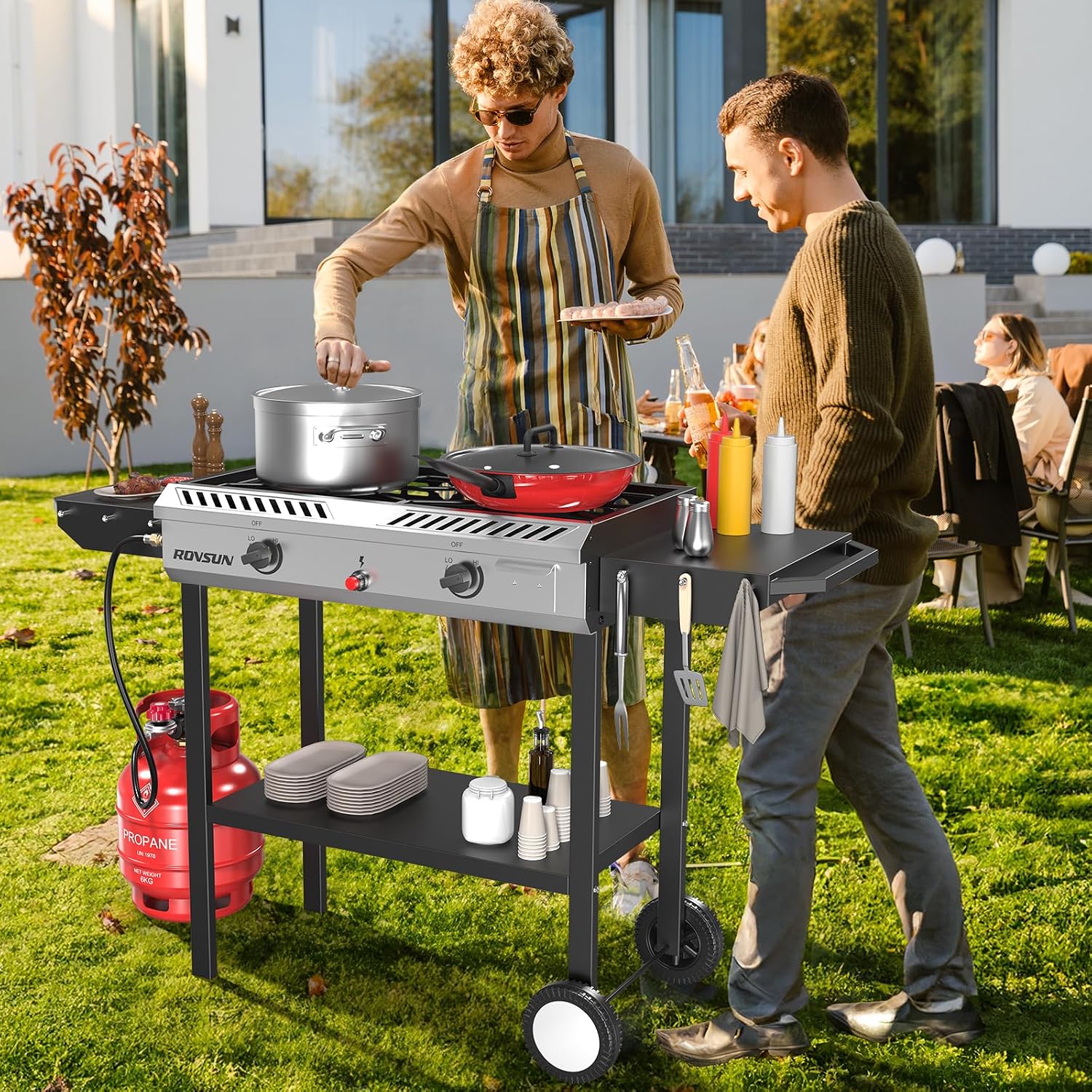 ROVSUN 2 Burner Propane Stove with Auto Ignition, 150,000 BTU Gas Stove with Side Shelves, Rolling Wheels & Regulator for Home Outdoor Backyard Camping Cooking Frying Brewing Canning