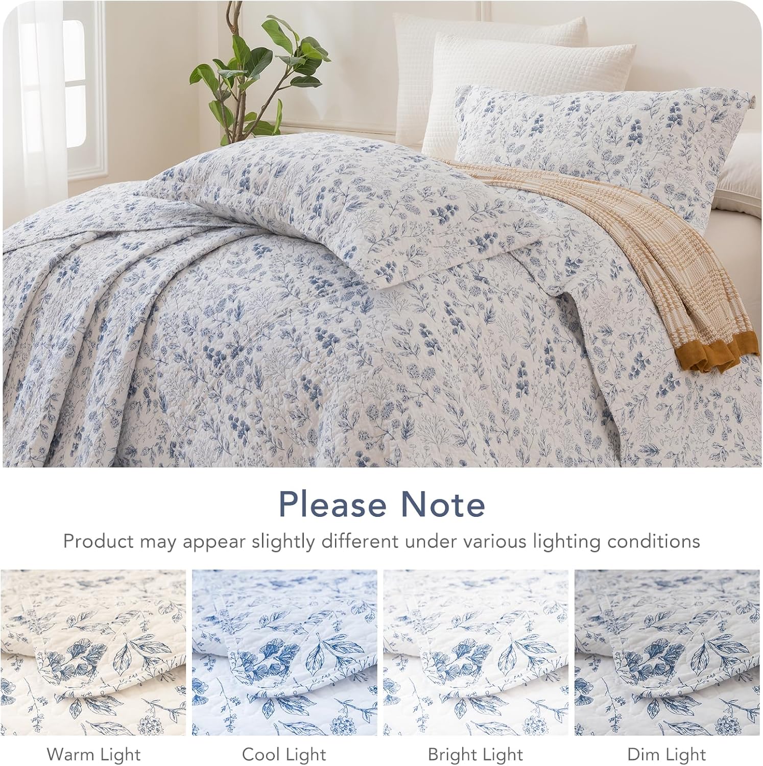 Lady Ann Oversized King Quilt Set, Blue and White Floral & Leaves Pattern Plant Botanical Printed Quilted 118x106 Bedspread Set, Vintage Coverlet Ultra Soft Cotton Coverlet with Pillow Shams, 3 PCS