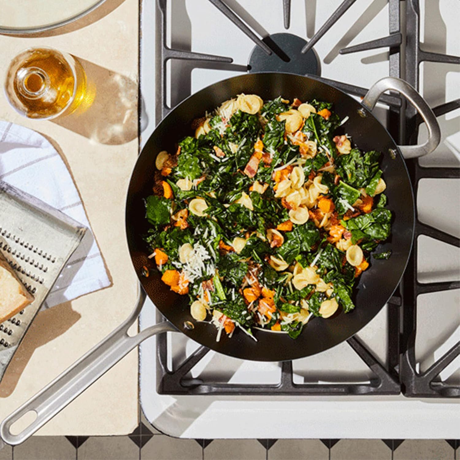 GreenPan x Food 52 Five Two Essentials: Carbon Steel 12' Wok with Foldable Rack, PFAS-Free, Multi Clad, Induction, Dishwasher Safe, Oven Safe, Black
