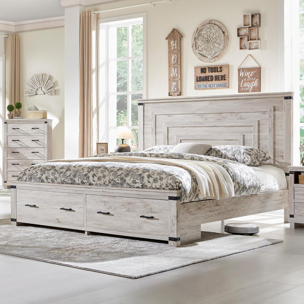 RedLemon Farmhouse Queen Size Wood Bed Frame with 54' Tall Geometric Headboard, 2 Large Storage Drawers, Solid Wood Slats Support, Noise Free, No Box Spring Needed, Antique Brush White
