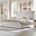 RedLemon Farmhouse Queen Size Bed Frame w/ 54' Tall Geometric Headboard, Rustic Wood Platform Bed w/ 2 Large Storage Drawers, Wood Slats Support, Noise Free, No Box Spring Needed, Antique Brush White