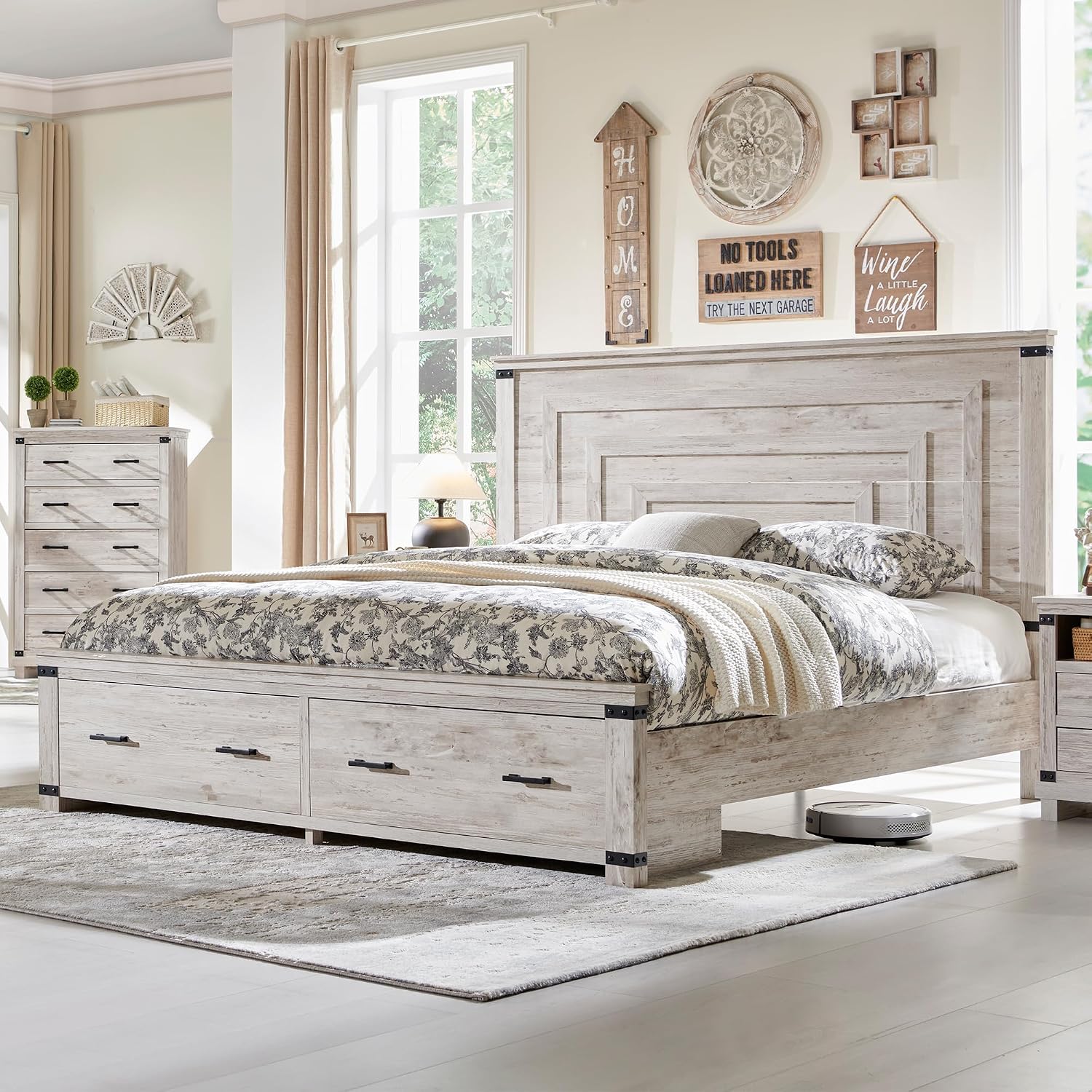 RedLemon Farmhouse Queen Size Bed Frame w/ 54' Tall Geometric Headboard, Rustic Wood Platform Bed w/ 2 Large Storage Drawers, Wood Slats Support, Noise Free, No Box Spring Needed, Antique Brush White
