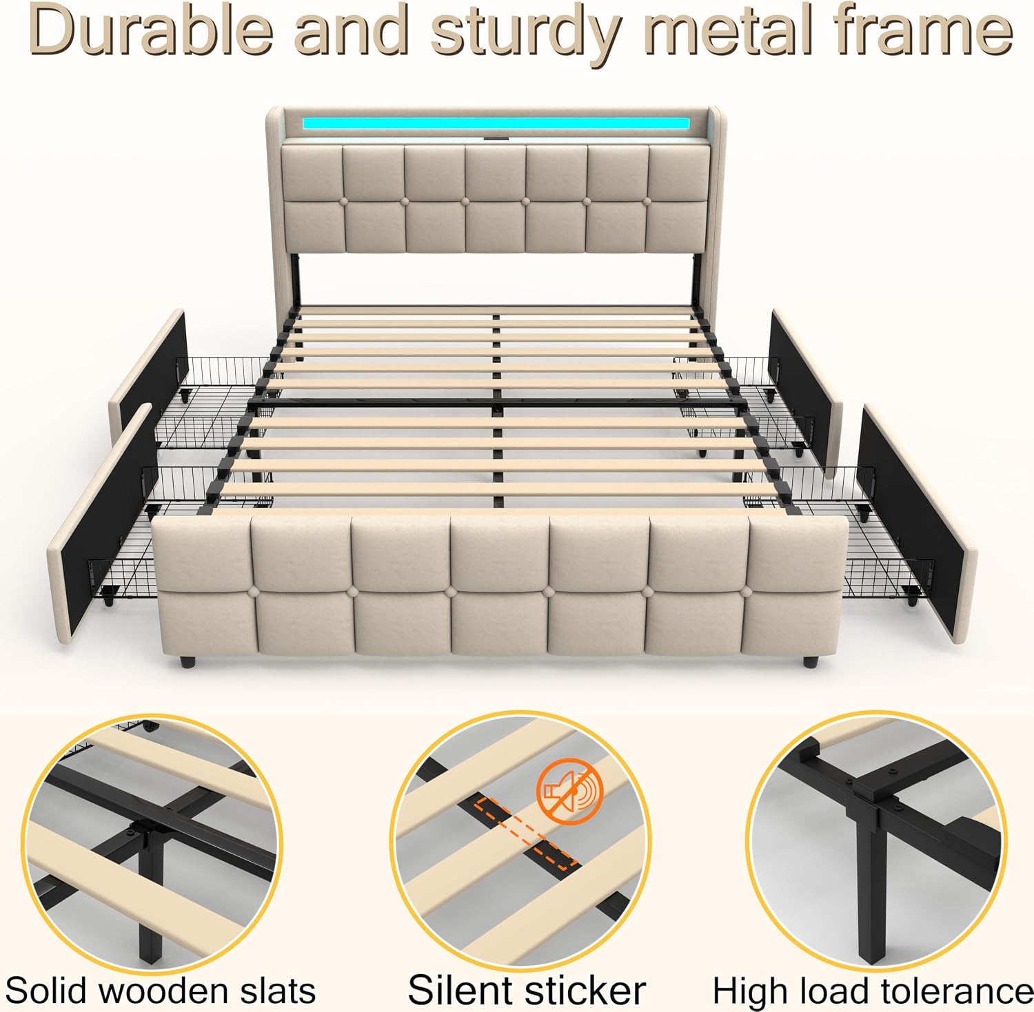 Juego 3 in 1 Queen Bed Frame with RGB LED Light, Socket & USB & Type-C Charging Station,4 Drawers, Wooden Slats, Upholstered Bed, Noise-Free, No Box Spring Needed (Beige, Queen (U.S. Standard))
