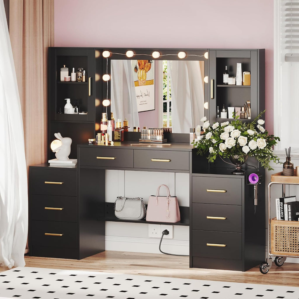 TOKSOM Black Vanity Desk with Mirror, Lights & Charging Station, 58.3' 3 Lighting Modes Makeup Desk with 8 Drawers, 2 Cabinets and Lots Storage, Dressing Table Vanity Set with Lighted Mirror