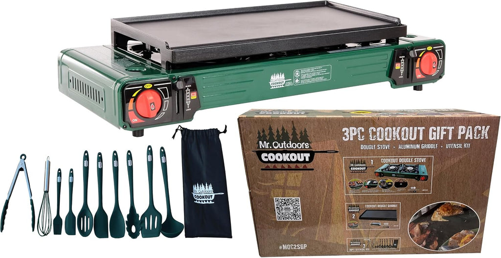 Mr. Outdoors Cookout Double Butane Stove with Carry Bag, 18 inch Aluminum Griddle, 10 piece Silicone Coated Utensil Set
