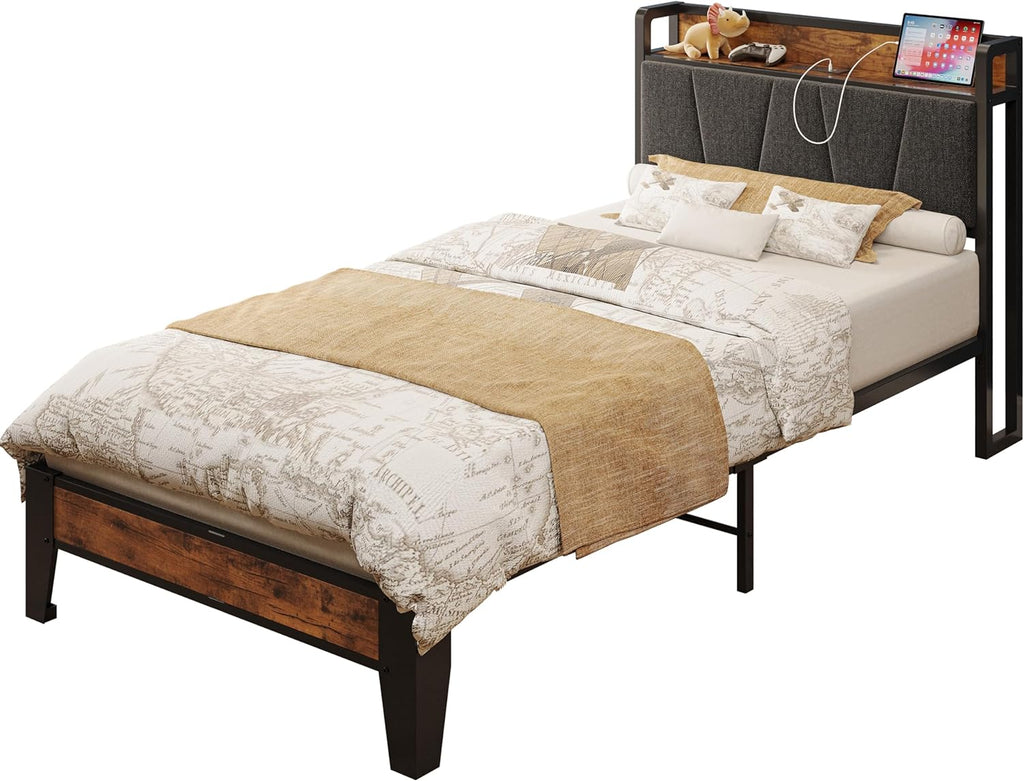 LIKIMIO Twin XL Bed Frames, Storage Headboard with Charging Station, Solid and Stable, Noise Free, No Box Spring Needed, Easy Assembly