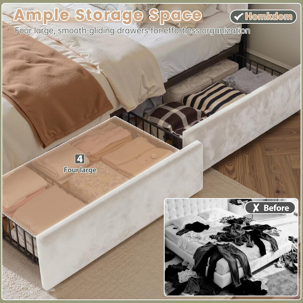 Homkdom Velvet Upholstered Full Size Bed Frame with 4 Storage Drawers, Vertical Arched LED Headboard, Sturdy Wood Slats Support, No Box Spring Needed, Beige