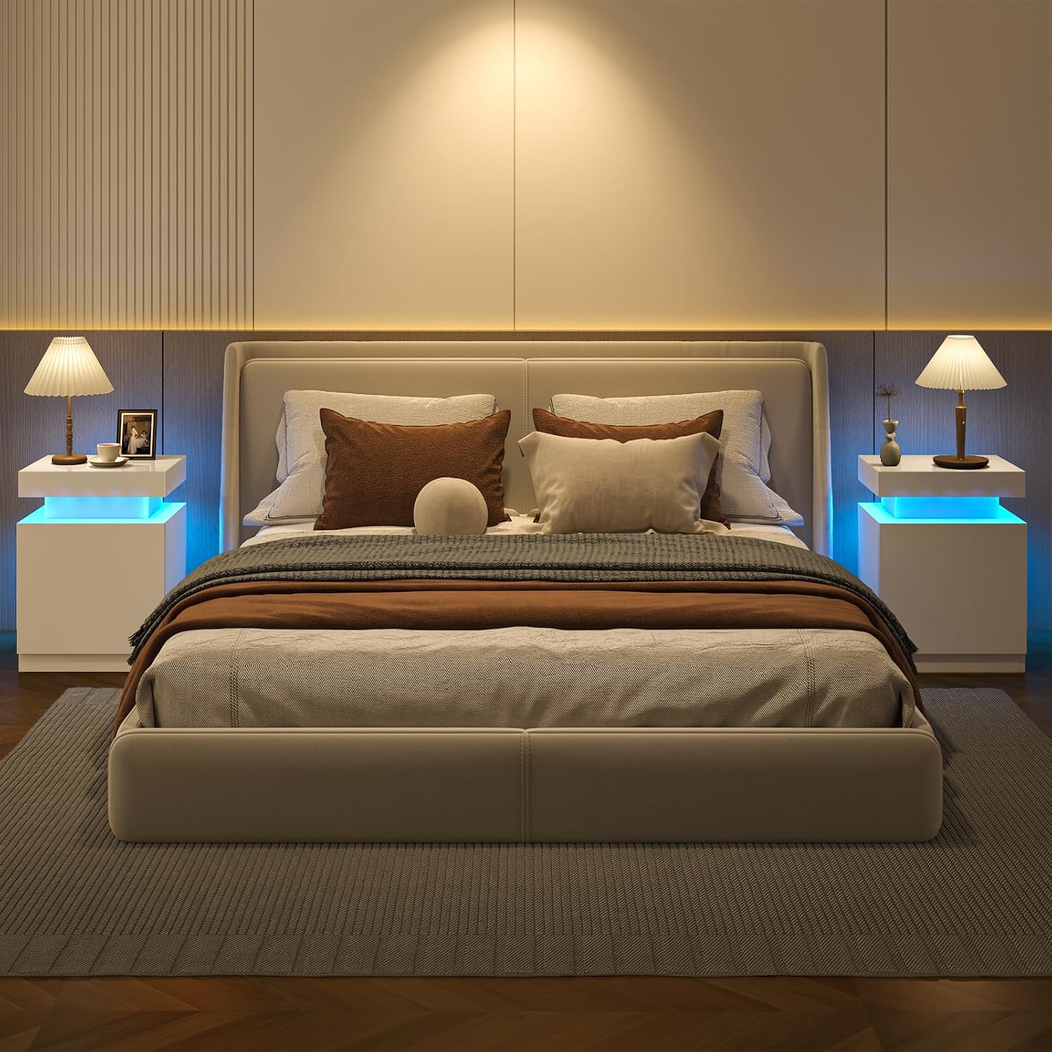 Nightstands Set 2, 15 Inches LED Night Stand Set of 2, Modern Bedside Table with LED Lights, High Gloss Surface, End Table with Storage for Bedroom, Whites