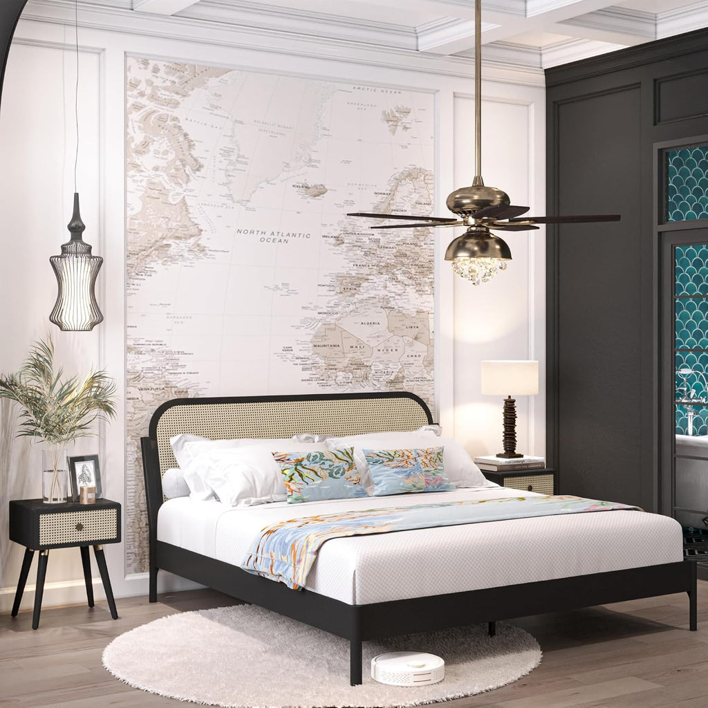 Bme Aurelia King Bed Frame, Solid Acacia Wood, Boho & Mid-Century Modern Style, Rattan Headboard, US Patent Pending Design, Slat Support and No Box Spring Needed, 800 lbs Support, Easy Assembly, Black