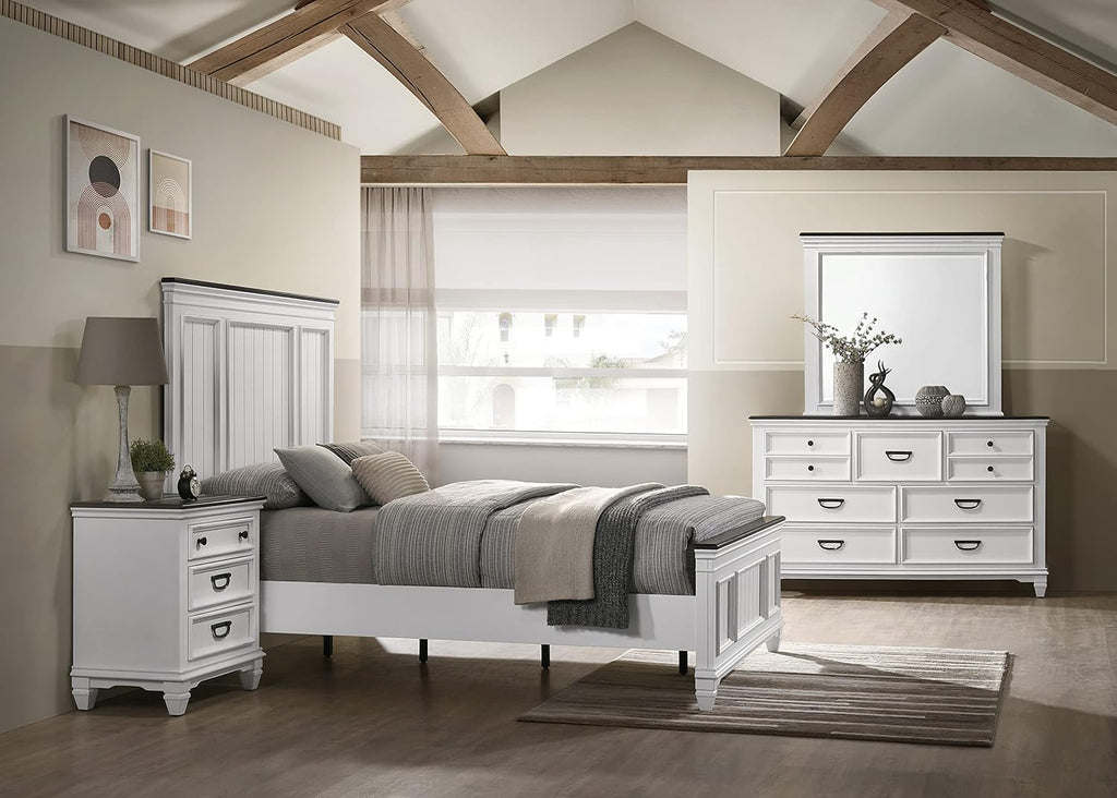 Clelane Wood Bedroom Set with Shiplap Panel Queen Bed, Dresser, Mirror, and Nightstand in Weathered White and Dark Gray