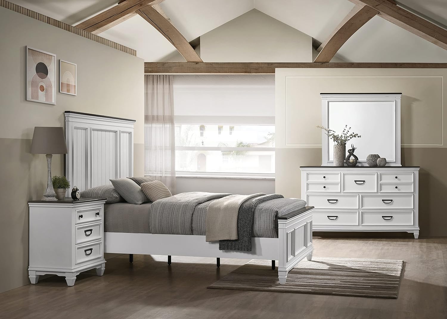 Clelane Wood Bedroom Set with Shiplap Panel Queen Bed, Dresser, Mirror, Nightstand, and Chest in Weathered White and Dark Gray