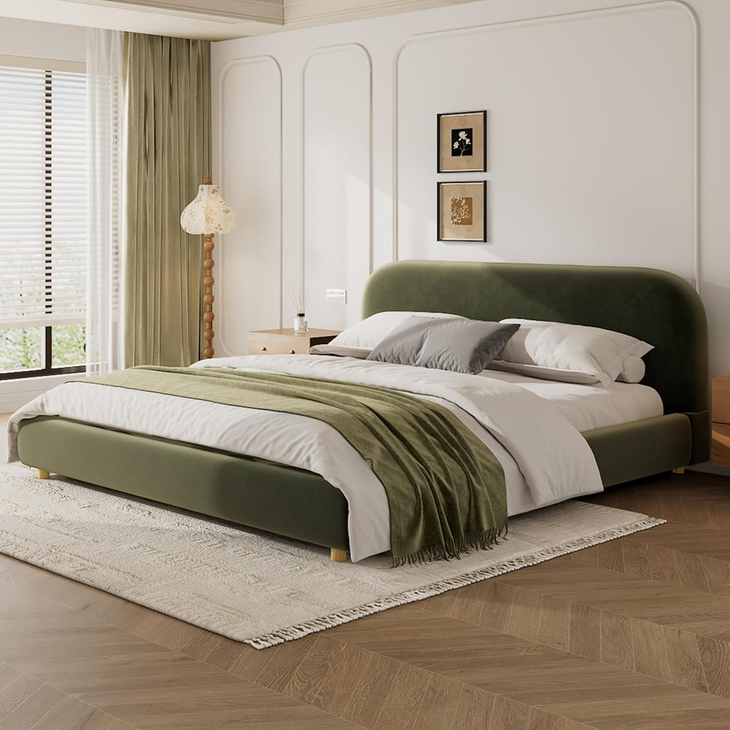 Merax King Size Teddy Fleece Thick Fabric Upholstered Platform Bed with Curved Shaped Headboard, Wood Bed Frame with Solid Round Legs for Kids Teens Adults, Olive Green