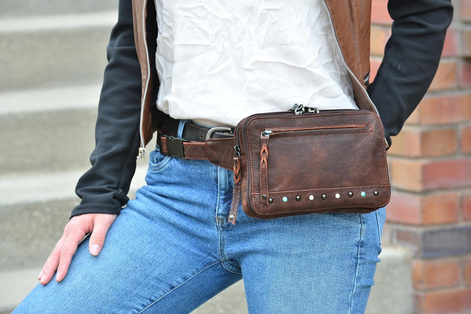 Kailey Concealed Self Defence Waist Bag by Lady Conceal - Buffalo/Suede Cowhide Leather, 3 Open Sides & Locking Zippers with Universal Holster (Mahogany w/Studs) - 8' L x 5.5' H x 2.25'