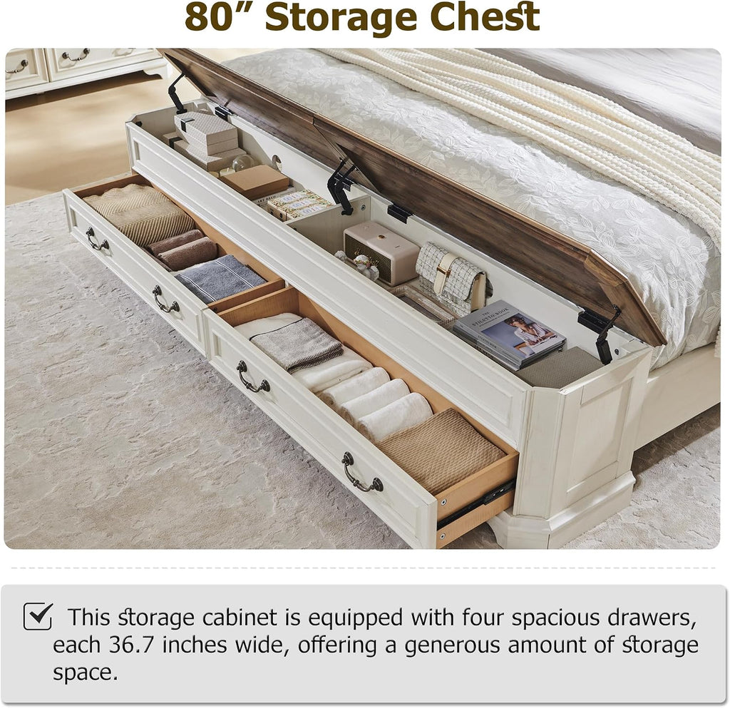 T4TREAM Farmhouse King Bed with Headboard and Storage Bench, Rustic Wood Platform Bed with 80' Storage Chest w/ 4 Large Drawer (Antique White)