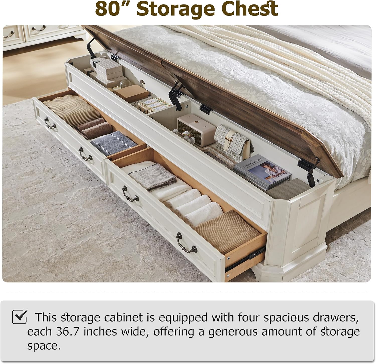 T4TREAM Farmhouse King Bed with Headboard and Storage Bench, Rustic Wood Platform Bed with 80' Storage Chest w/ 4 Large Drawer (Antique White)