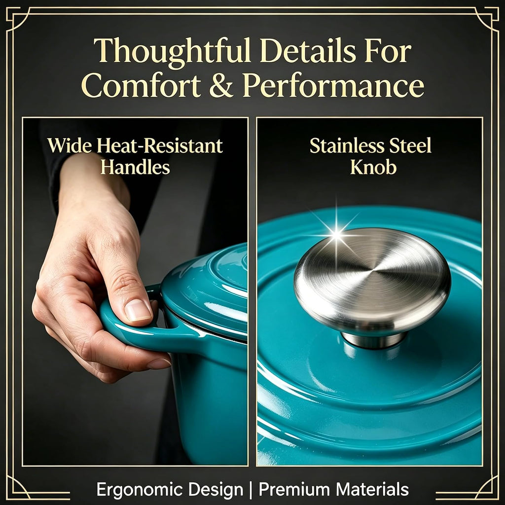 QuliMetal Enameled Cast Iron Cookware Set, 4-Piece Pots and Pans Set with Lids, 10.25' Skillet, 2QT Saucepan, 2.8QT & 4.8QT Dutch Ovens, Oven Safe to 500°F, All Stovetops Compatible - Teal
