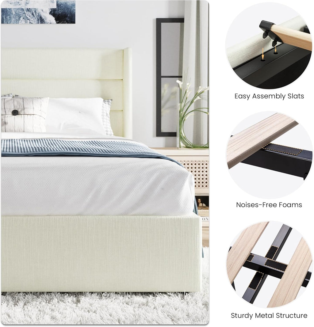 SHA CERLIN Queen Size Lift Up Storage Bed/Chenille Fabric Upholstered/Modern Wingback Headboard/Platform Bed Frame/Hydraulic Storage/No Box Spring Needed/Wood Slats Support/Cream