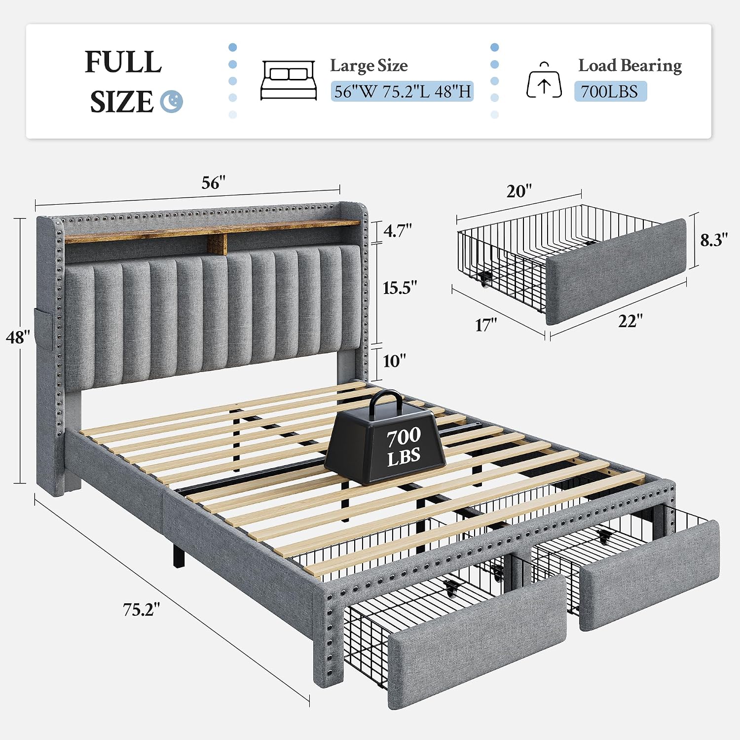 EnHomee Full Size Upholstered Bed Frame with 2 Storage Drawers and 2-Tier Headboard, Vertical Tufted Headboard Design, Extra Storage Space for Bedroom Apartment, Grey