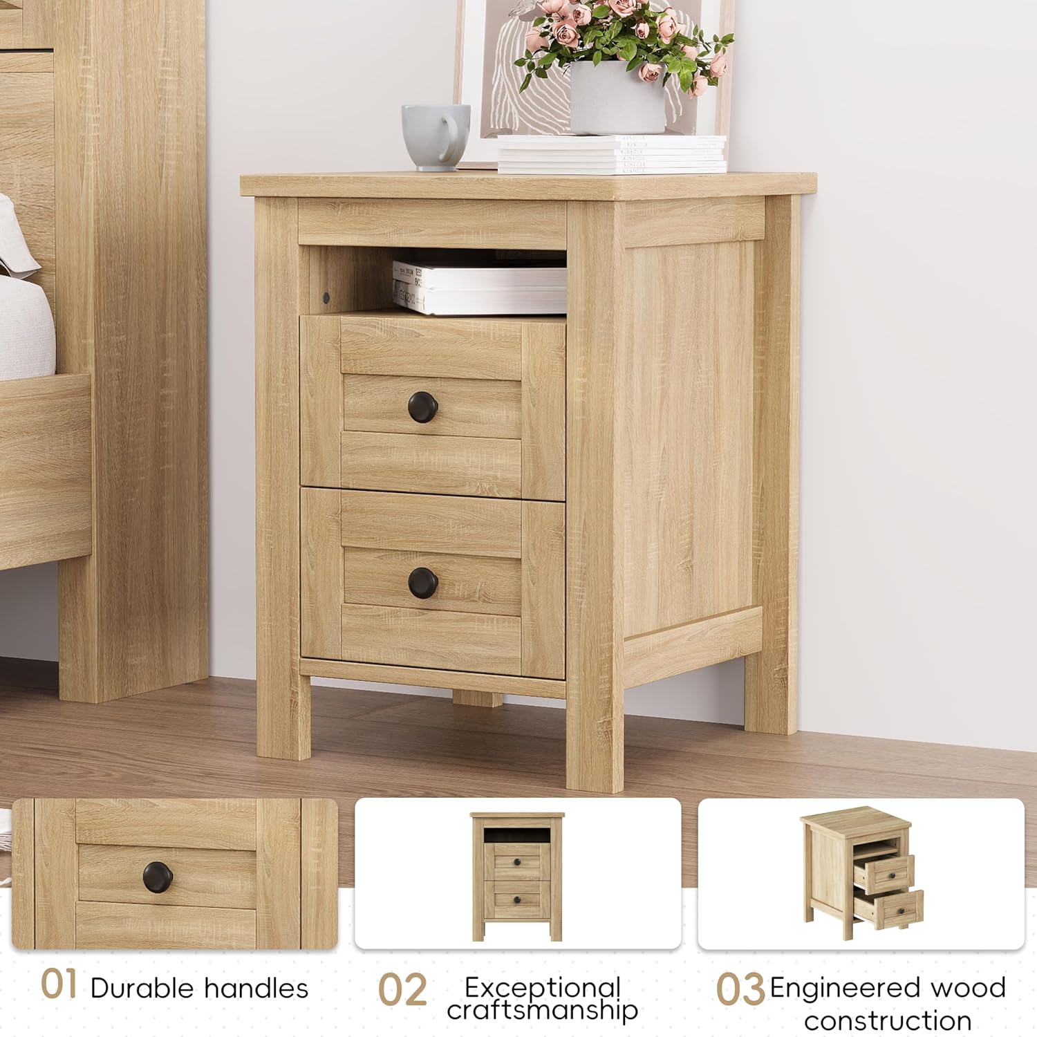 SOFTSEA 3 Pieces Farmhouse Bedroom Set, Queen Size Platform Bed with a Nightstand and 6-Drawer Dresser, Wood Platform Bed with Sliding Barn Door Headboard and Charging Station, Natural
