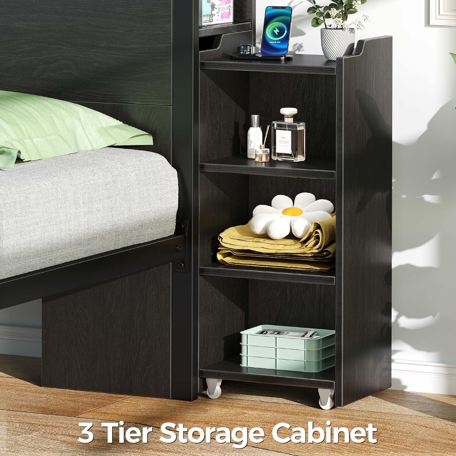 Rolanstar Full Size Bed Frame with Bookcase Storage Headboard, Slide Out Bedside Storage, Bed with Charging Station & LED Lights, Heavy Duty Metal Slats, No Box Spring Needed, Noise Free, Black