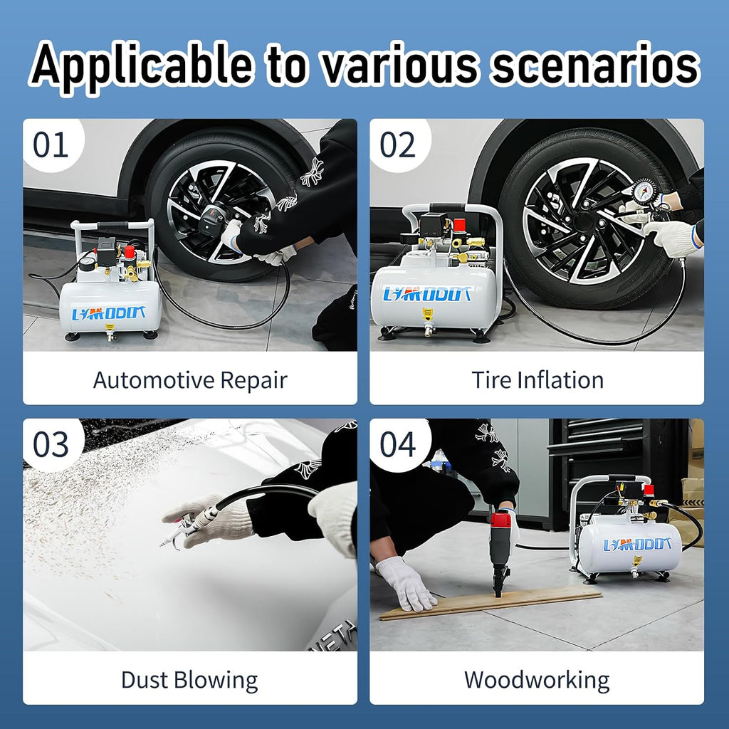 Limodot Ultra Quiet Air Compressor, Only 60dB, 1 Gallon Steel Tank, Oil-Free, Electric Air Compressor Perfect for Woodwork Nailing, Garage, Car, Pneumatic Tool, Includes 25 Ft. Air Hose Kit