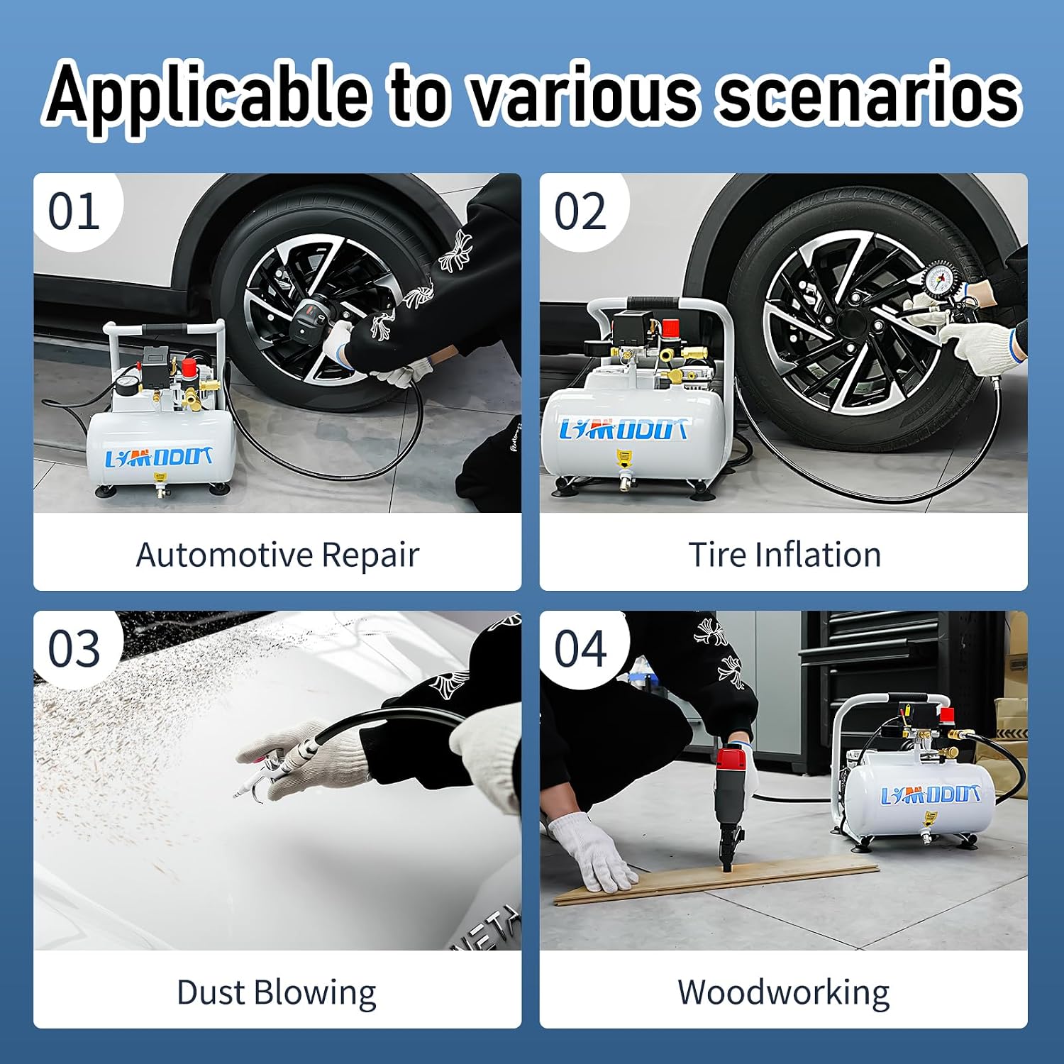 Limodot Ultra Quiet Air Compressor, Only 60dB, 1 Gallon Steel Tank, Oil-Free, Electric Air Compressor Perfect for Woodwork Nailing, Garage, Car, Pneumatic Tool, Includes 25 Ft. Air Hose Kit