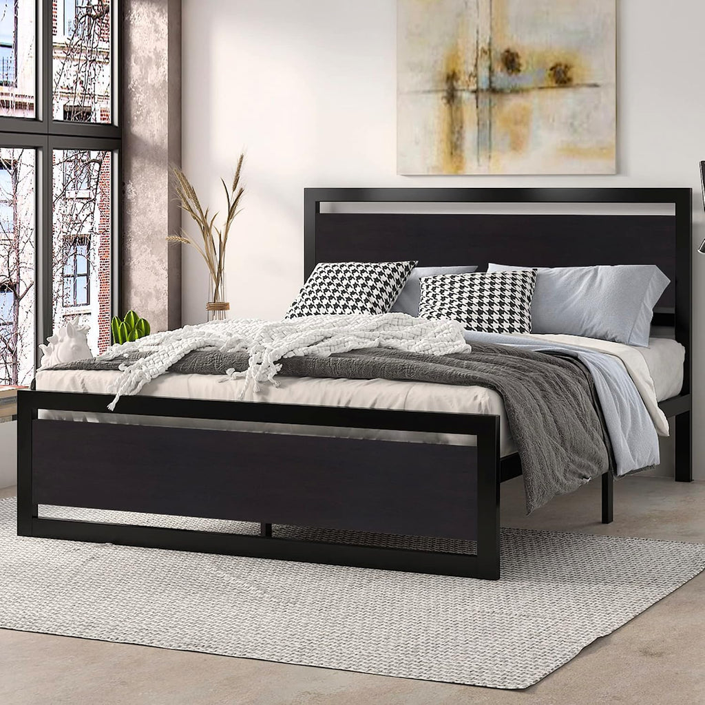 SHA CERLIN Full Size Bed Frame with Modern Headboard, Heavy Duty Platform Metal Base with Square Footboard and 13 Strong Slats Support, No Box Spring Needed, Black