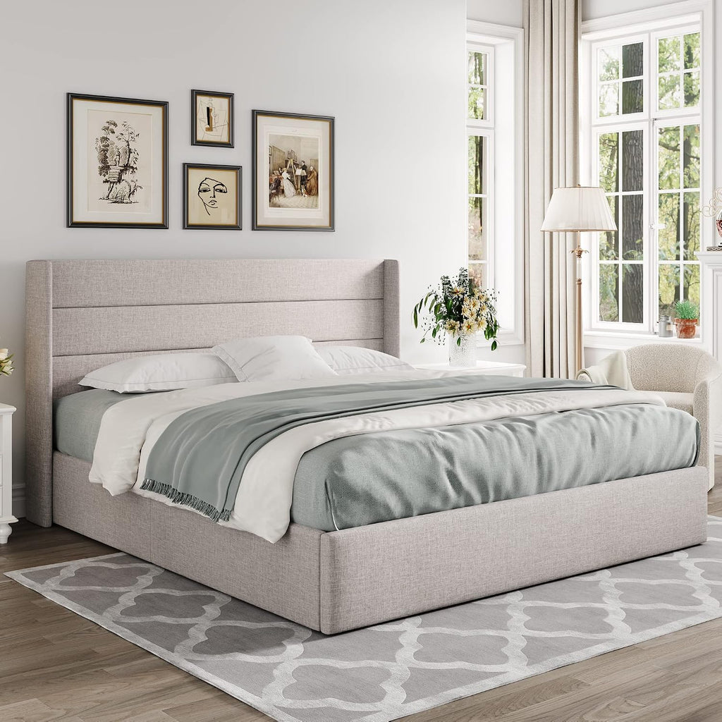 Allewie King Size Lift Up Storage Bed, Modern Wingback Headboard, Hydraulic Support, No Box Spring Needed, Light Beige