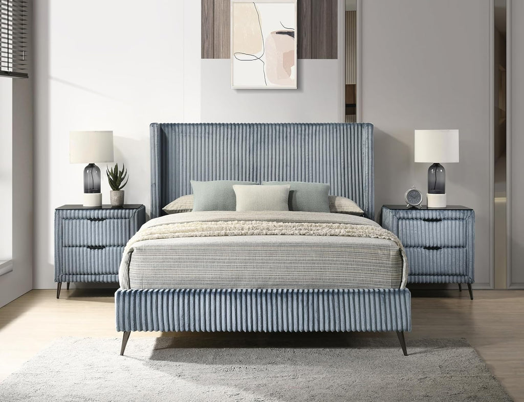 Roundhill Furniture Mavela Wide Wale Corduroy Upholstery Panel Queen Bed with 2 Nightstands, Blue