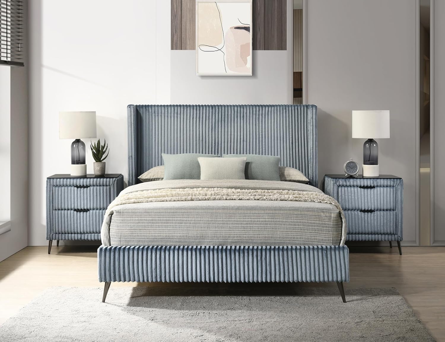 Roundhill Furniture Mavela Wide Wale Corduroy Upholstery Panel Queen Bed with 2 Nightstands, Blue