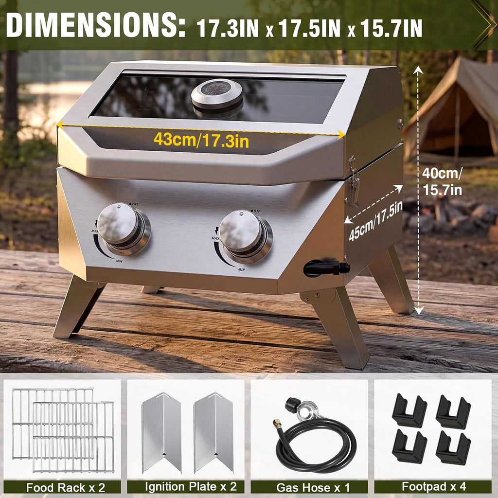 Bestfire 2-Burner Tabletop Gas Grill with Viewing Glass Lid, 20,000 BTU Stainless Steel Portable Propane BBQ Grill, Built-in Thermometer & Push-Button Ignition, for Outdoor Camping, RV, Tailgating