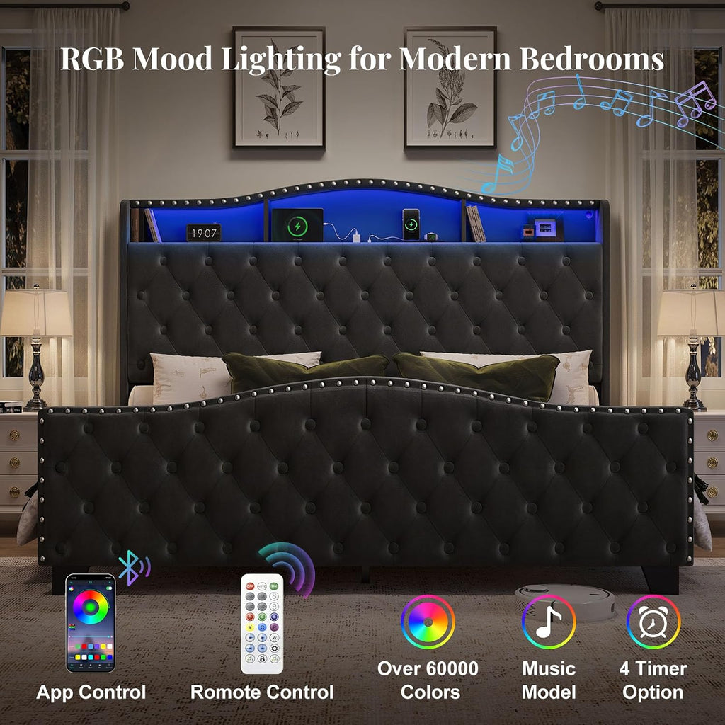 Belffin King Size Bed Frame and Headboard, 50.9' Velvet Upholstered Wingback Bedframe with LED Lights & Storage/Charging Station, Button Tufted Tall Footboard, No Box Spring Needed, Noise-Free, Black