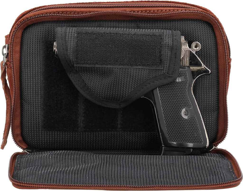 Kailey Concealed Self Defence Waist Bag by Lady Conceal - Buffalo or Suede Cowhide Leather, 3 Open Sides and YKK Locking Zippers with Universal Holster (Dark Brown) - 8' L x 5.5' H x 2.25'