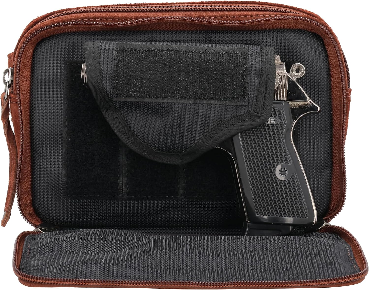 Kailey Concealed Self Defence Waist Bag by Lady Conceal - Buffalo or Suede Cowhide Leather, 3 Open Sides and YKK Locking Zippers with Universal Holster (Dark Brown) - 8' L x 5.5' H x 2.25'