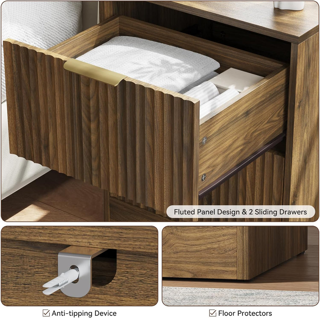 6 Drawer Dresser & Nightstand Set 3-Piece, 55' Wide Fluted Dresser and Night Stand Set of 2 with Metal Handle, Modern Wood Chest of Drawers Storage Dressers Set for Bedroom, Walnut