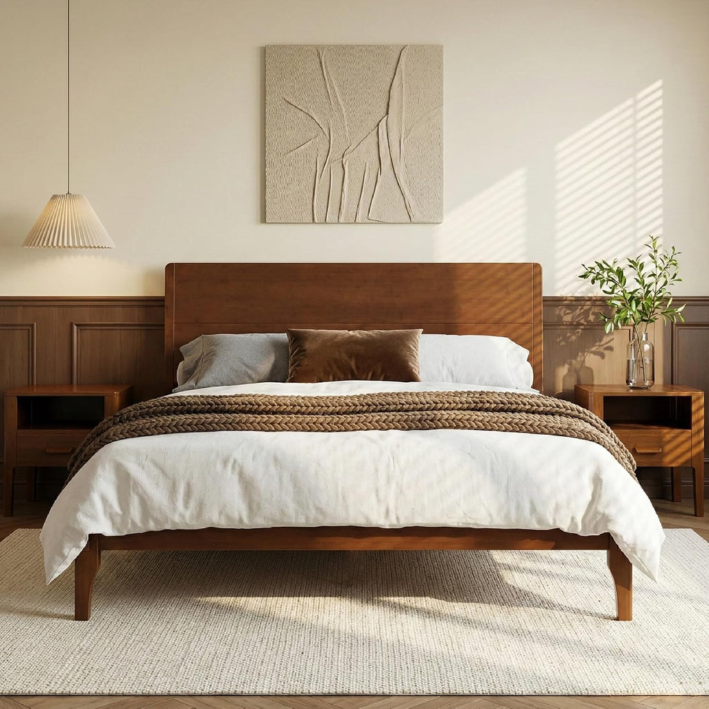 Merax 3 Pieces Bamboo Bedroom Sets, Mid-Century Modern King Size Platform Bed with Tall Headboard, Storage Drawer Night Stands Set, Wood Slats Support, No Box Spring Needed, Easy Assembly, Brown