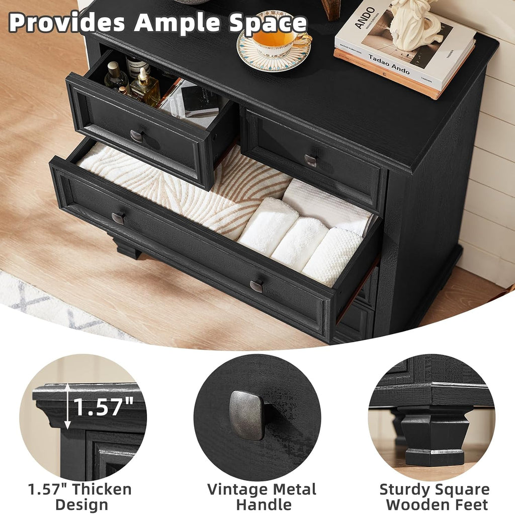 SAVOR LIFE Farmhouse Bedroom Dresser and Nightstand Set of 4, 6 Drawer Low & 5 Drawers Dresser & 2 Drawer Nightstand Set, Rustic Wood Furniture Set for Bedroom, Hallway, Black
