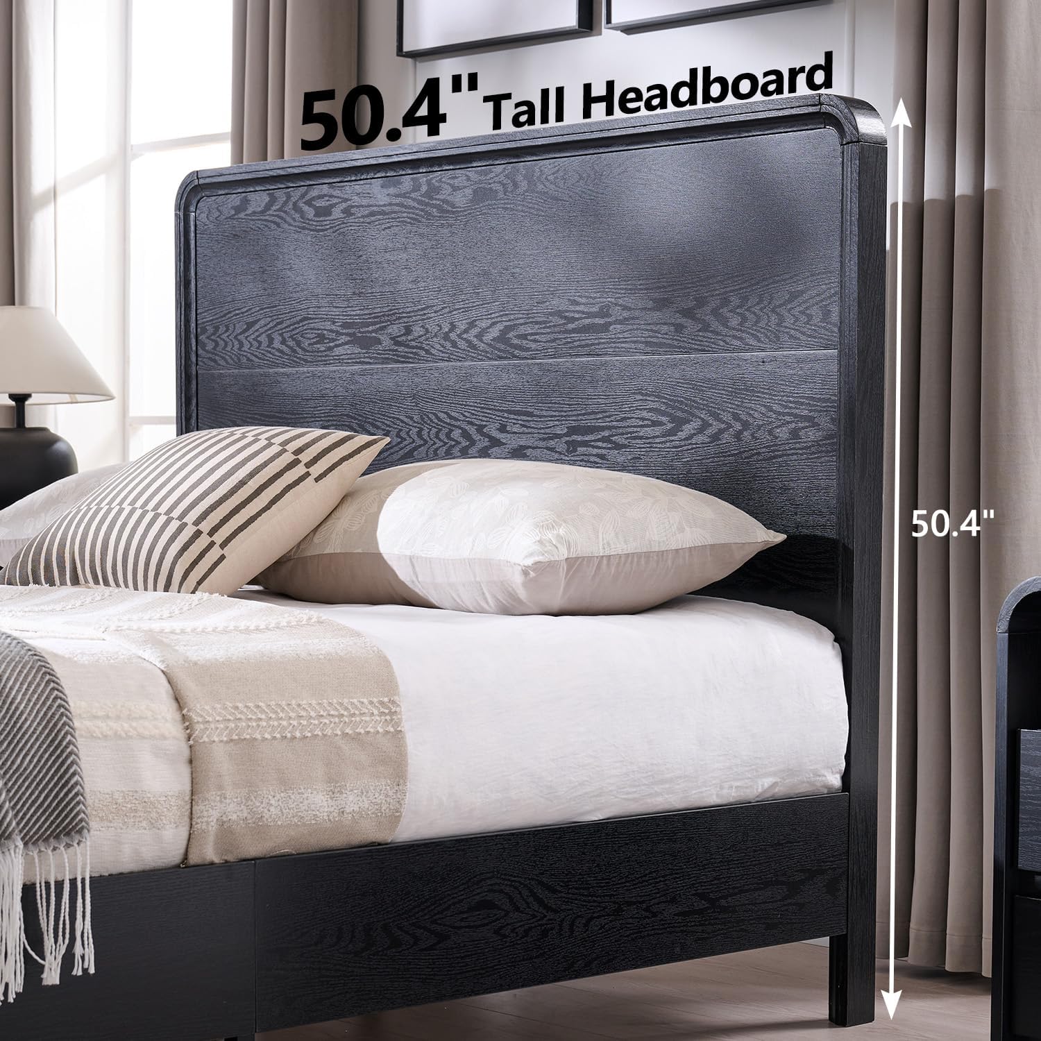 Aitjunz Modern Queen Size Bed Frame with 50' Tall Headboard, Wood Queen Size Platform Bed Frame w/3 Storage Drawers, Curved Profile Design, Wood & Steel Platform Bed, No Box Spring Needed, Black