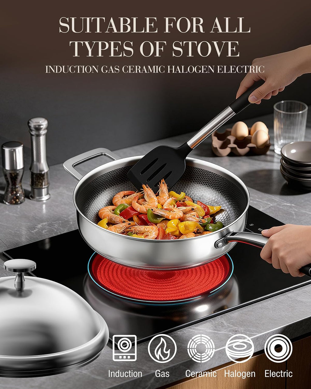 FogDream Titanium Non Stick Frying Pan, 10in Tri-Ply Stainless Steel Deep Saute Pan, 10 Piece All-in-One Cookware Set, Stay Cool Handle, Dishwasher & Oven-Safe,Induction Compatible,Silver