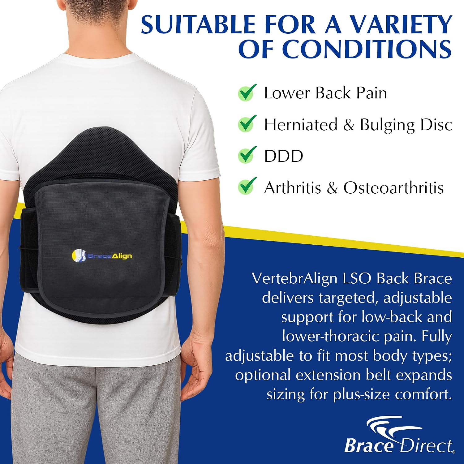 VertebrAlign LSO Lumbar Back Brace with Plus Size Extension – Bariatric Relief for Herniated & Bulging Disc, Sciatica, Spinal Stenosis, Fractures PDAC L0650/L0637 – Fits Waist up to